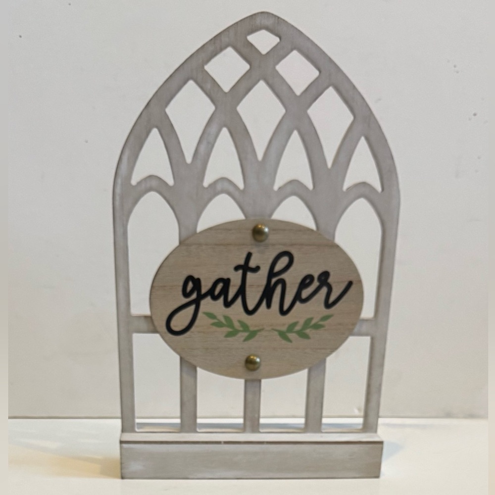 Table Top Arch Decor 'Gather' Wooden Sign 9x14" white